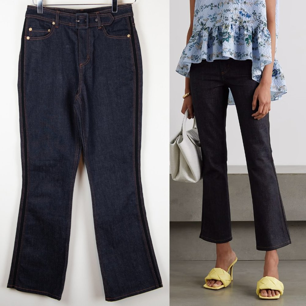 ERDEM Vina Jeans High Waist Flared Hem Buckle Belt Stretch Denim Dark Blue Sz 4